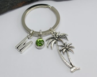 Palm Tree Keyring: Personalized Initial Birthstone Charm