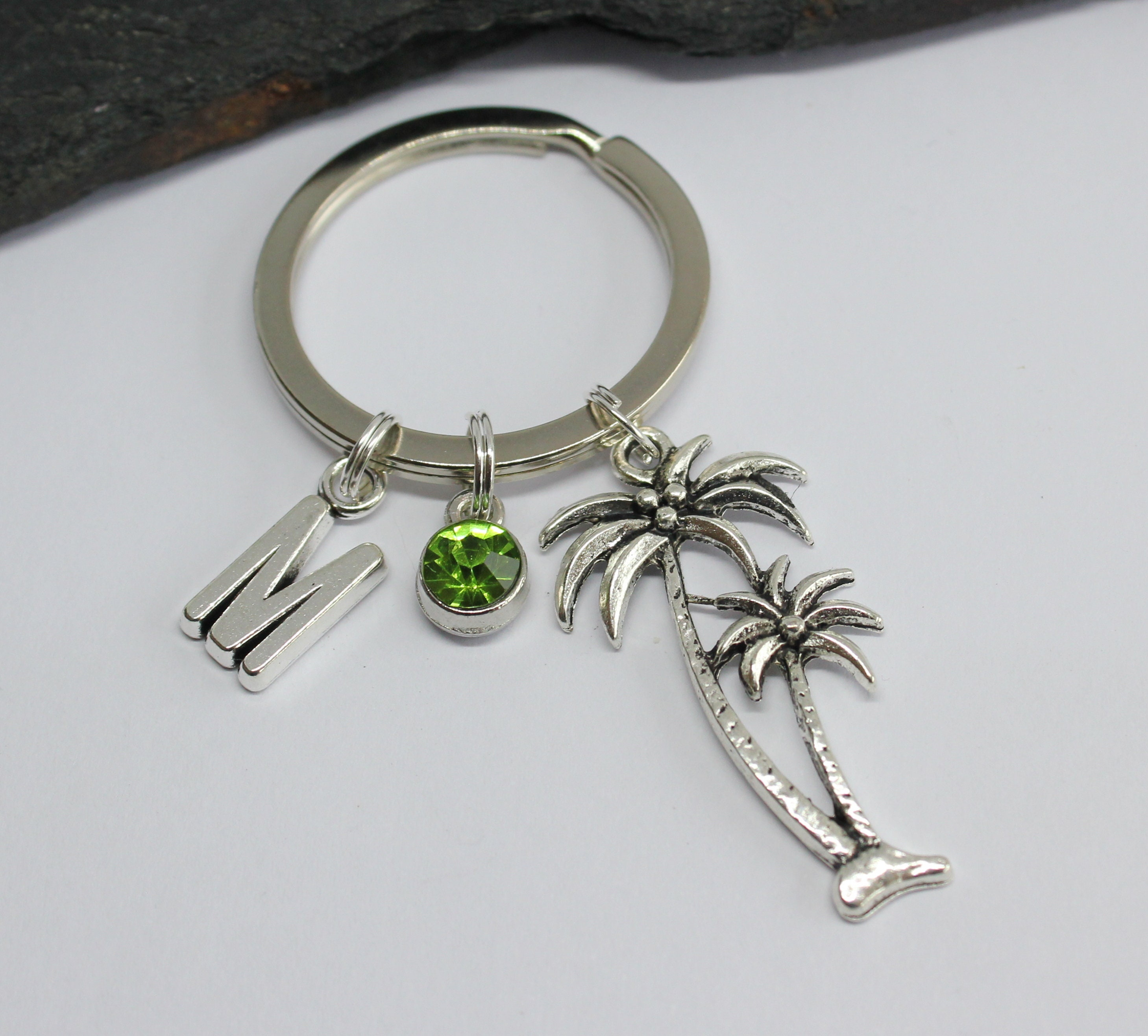 Palm Trees Keyring Palm Trees Personalised Initial Birthstone