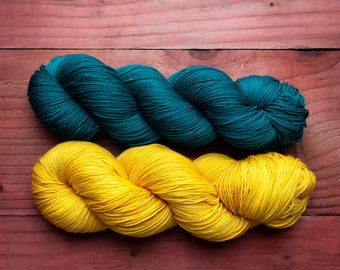 Hand Dyed Sock Yarn Set dark green and bright golden yellow - 4ply/fingering or Sparkle DK merino-nylon - for colorwork and Sock Madness