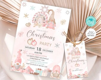 Instant Download, Editable Invitation, Editable Thank You Tags, Gnome Christmas Party Invitation, Gnome Rose Gold Invitation, Corjl #C015