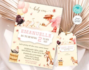 Convite de aniversário de menina de fazenda, convite de aniversário de menina de fazenda rosa, convite de modelo editável em Corjl # A002