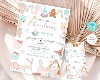 Instant Download, Editable Invitation, Editable Thank You Tags, Christmas Invitation, Gingerbread Invitation Template, Corjl #C013-5