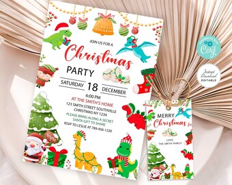 Editable Christmas Party Invitation, Printable Christmas Thank You Tags, Dinosaur Christmas Invitation, Instant Download Corjl #C016