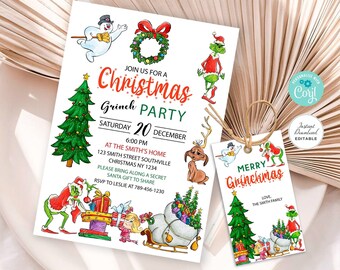 Download instantâneo, convite editável, etiquetas de agradecimento editáveis, convite de Natal, suprimentos de Natal, Corjl #C004