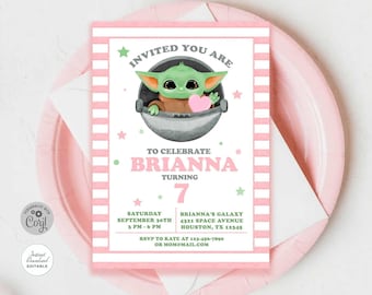 Editable Baby Yoda Birthday Invitation, ANY AGE, Baby Yoda Invitation, Baby Alien Invitation, Baby Yoda Instant Download Invitation #0710
