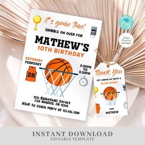 Convite de basquete + tags de agradecimento, download sofortiger Download, bearbeitetes Corjl-Modell # SP01