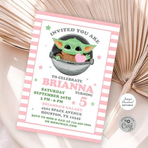May include: Pink and white striped invitation with a cartoon image of a green alien holding a pink heart. The text reads "Invited You Are To Celebrate Brianna Turning 5".