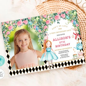 Alice in Wonderland Photo Invitation, ANY AGE, Alice in Wonderland Birthday Invitation, Tea Party, EDITABLE Printable Instant Download #AW04