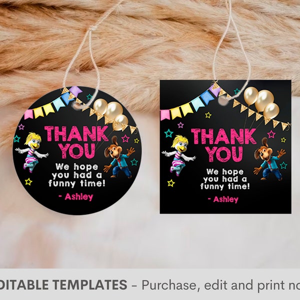 Round Favor Tag Template, Chuck E Cheese Round Tag Square Tag, Chuck E Cheese Tag, Chuck E Cheese Party Supplies,Editable, Instant | CH01-6