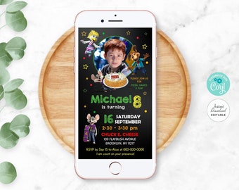 Invitación de cumpleaños de la foto de Chuck E Cheese, invitaciones telefónicas de Chuck, invitación electrónica de Chuck E Cheese, invitación electrónica de la fiesta de pizza #CH02-3