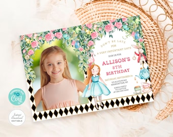 Alice in Wonderland Photo Invitation, ANY AGE, Alice in Wonderland Birthday Invitation, Tea Party, EDITABLE Printable Instant Download #AW04