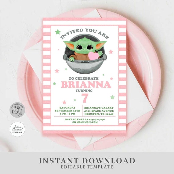 Editable Baby Yoda Birthday Invitation, ANY AGE, Baby Yoda Invitation, Baby Alien Invitation, Baby Yoda Instant Download Invitation #0710