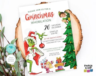 Instant Download, Editable Invitation, Editable Thank You Tags, Christmas Invitation, Christmas Supplies, Grinchmas Invitation,Corjl #C005-3