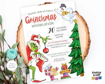 Instant Download, Editable Invitation, Editable Thank You Tags, Christmas Invitation, Christmas Supplies, Grinchmas Invitation, Corjl #C005