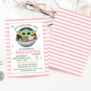 May include: Pink and white striped invitation with a green alien character holding a pink heart. The text reads "Invited You Are" and "To Celebrate Brianna Turning 5".