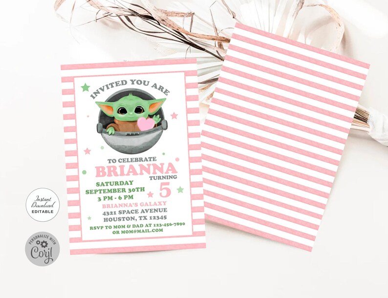 May include: Pink and white striped invitation with a green alien character holding a pink heart. The text reads "Invited You Are" and "To Celebrate Brianna Turning 5".