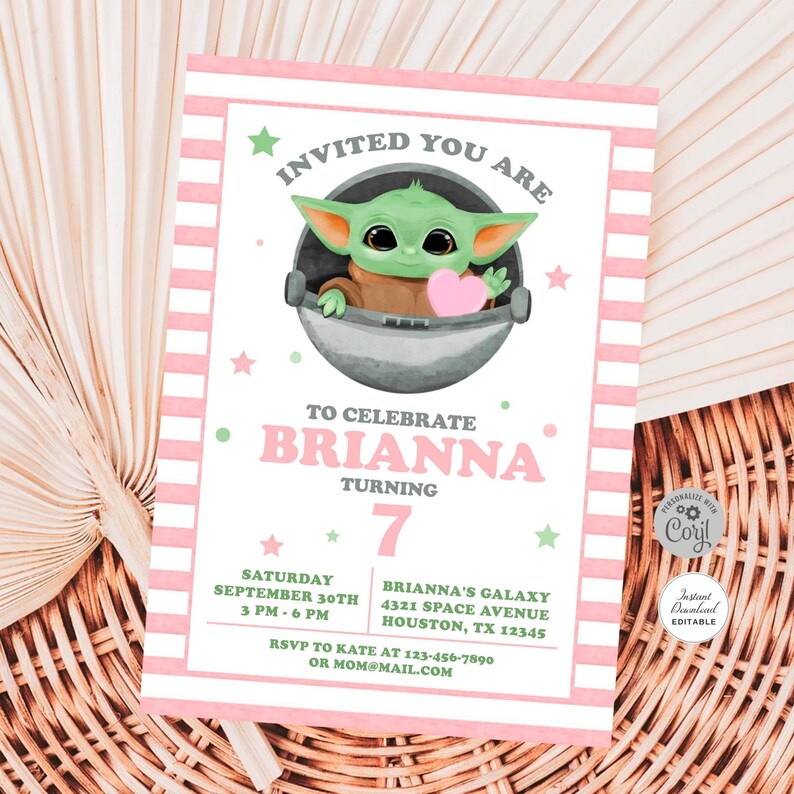 Editable Baby Yoda Birthday Invitation, ANY AGE, Baby Yoda Invitation, Baby Alien Invitation, Baby Yoda Instant Download Invitation #0710 image 2
