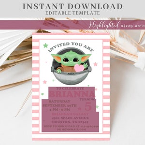 May include: Pink and green printable invitation with a cartoon image of a green alien character holding a pink heart. The text reads "Invited You Are" and "To Celebrate Brianna Turning 5".