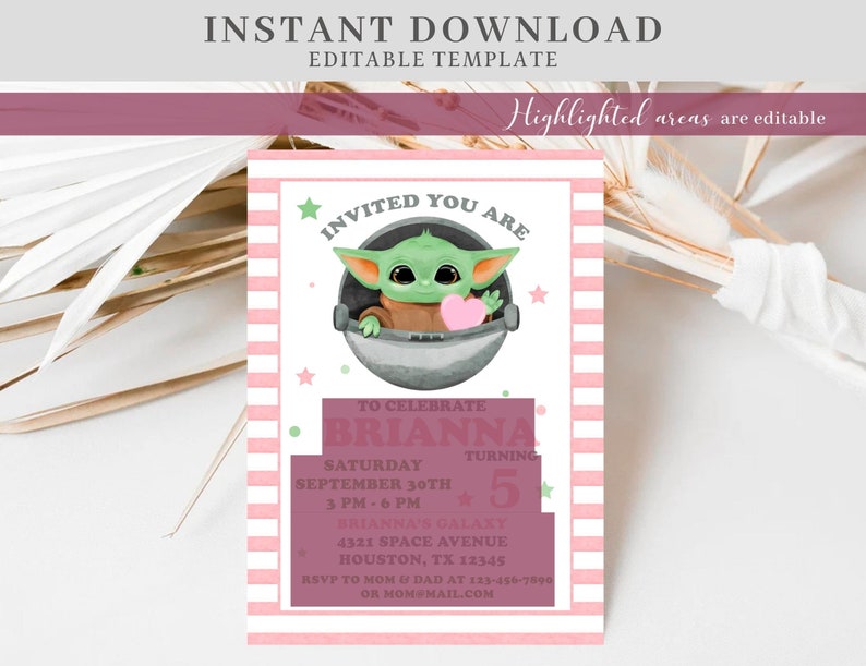 May include: Pink and green printable invitation with a cartoon image of a green alien character holding a pink heart. The text reads "Invited You Are" and "To Celebrate Brianna Turning 5".