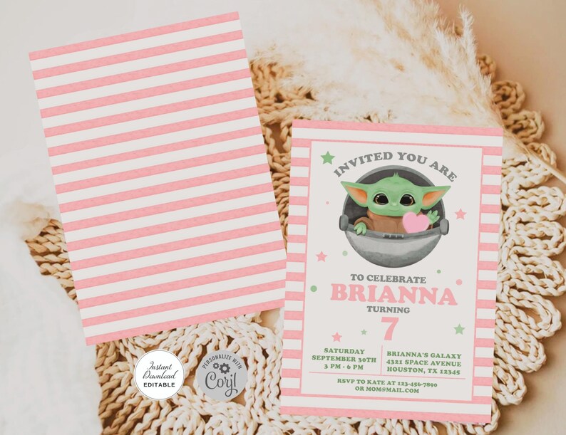 Editable Baby Yoda Birthday Invitation, ANY AGE, Baby Yoda Invitation, Baby Alien Invitation, Baby Yoda Instant Download Invitation #0710 image 3