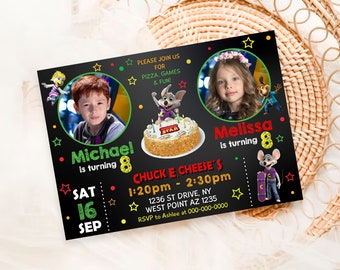 Chuck E Cheese Siblings Birthday Invitation, Chuck E Cheese Siblings Photo Invitation, Siblings Invitation | I090