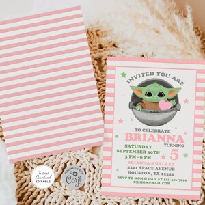 May include: Pink and green printable invitation with a cartoon character from Star Wars. The invitation says "Invited You Are to Celebrate Brianna Turning 5" with a date and time.