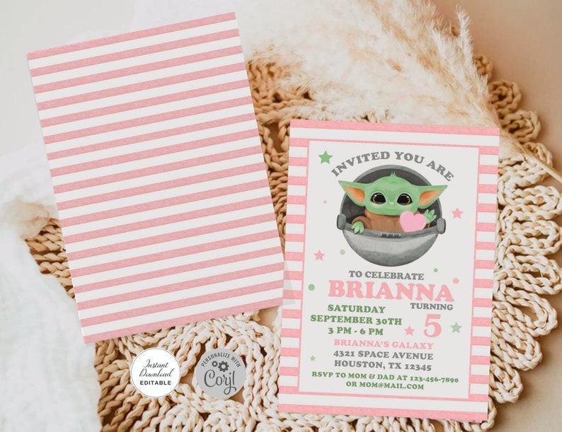 May include: Pink and green printable invitation with a cartoon character from Star Wars. The invitation says "Invited You Are to Celebrate Brianna Turning 5" with a date and time.
