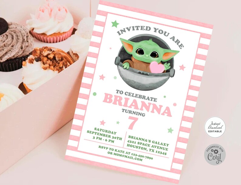 Editable Baby Yoda Birthday Invitation, ANY AGE, Baby Yoda Invitation, Baby Alien Invitation, Baby Yoda Instant Download Invitation #0710 image 10