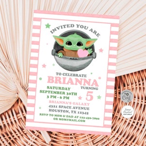 May include: Pink and green printable invitation with a cartoon image of a green alien holding a pink heart. The invitation is for Brianna's 5th birthday party. The text reads "Invited you are to celebrate Brianna turning 5. Saturday September 30th 3 PM - 6 PM Brianna's Galaxy 4321 Space Avenue Houston, TX 12345 RSVP to Mom & Dad at 123-456-7890 or mom@mail.com"