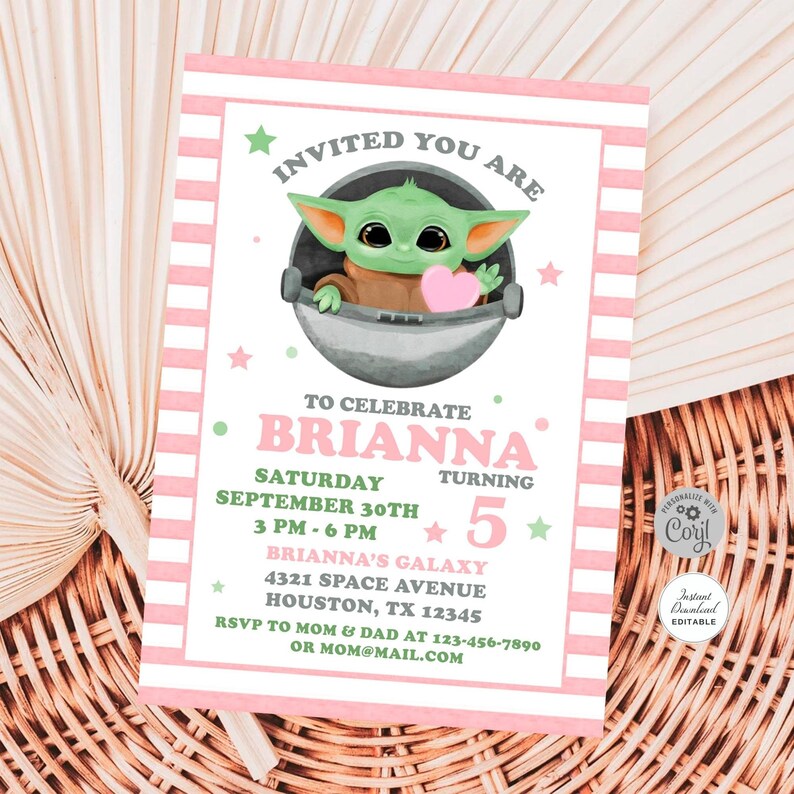 May include: Pink and green printable invitation with a cartoon image of a green alien holding a pink heart. The invitation is for Brianna's 5th birthday party. The text reads "Invited you are to celebrate Brianna turning 5. Saturday September 30th 3 PM - 6 PM Brianna's Galaxy 4321 Space Avenue Houston, TX 12345 RSVP to Mom & Dad at 123-456-7890 or mom@mail.com"