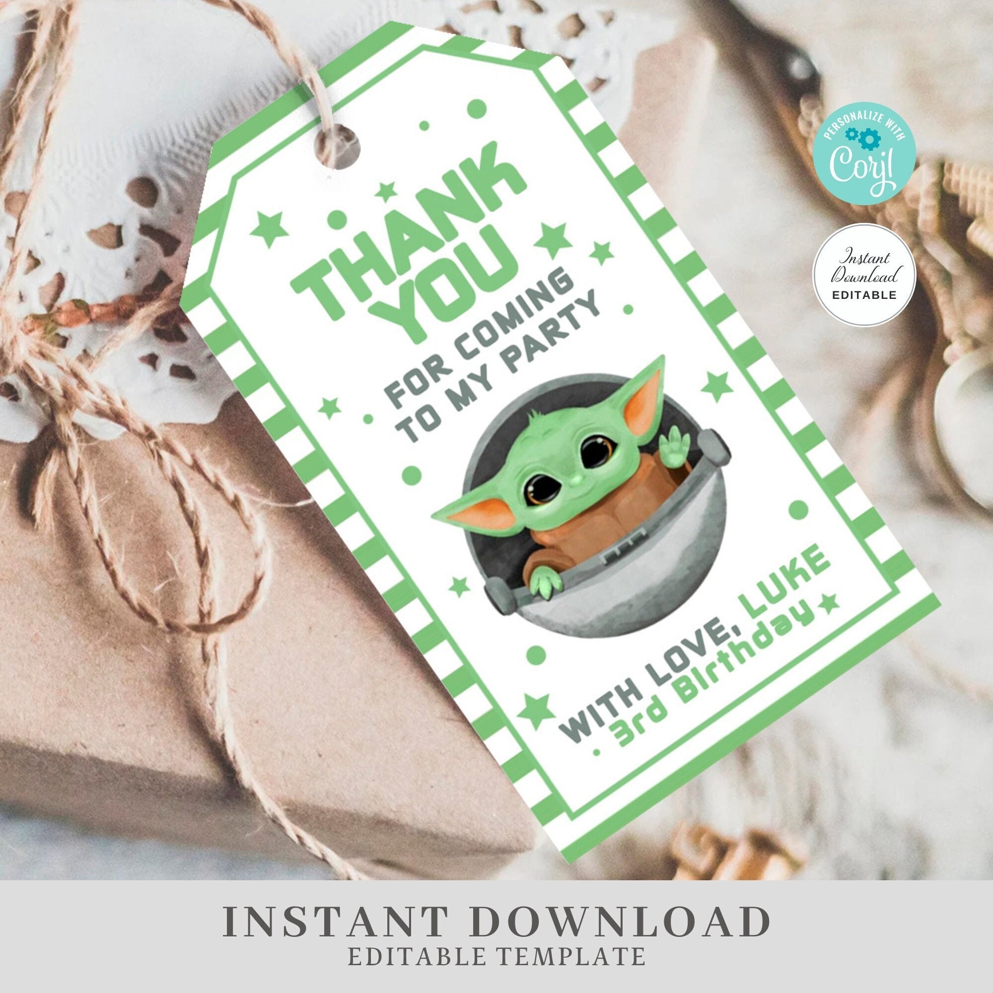 Editable Baby Yoda Tags, Instant Download Yoda Thank You Tags, Star Wars Tags, Edit on Corjl and print now! #0710