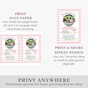 May include: Printable invitation for a 5th birthday party. The invitation features a pink and green striped background with a cartoon image of a green alien character holding a heart. The text on the invitation reads "Invited you are to celebrate Brianna turning 5".