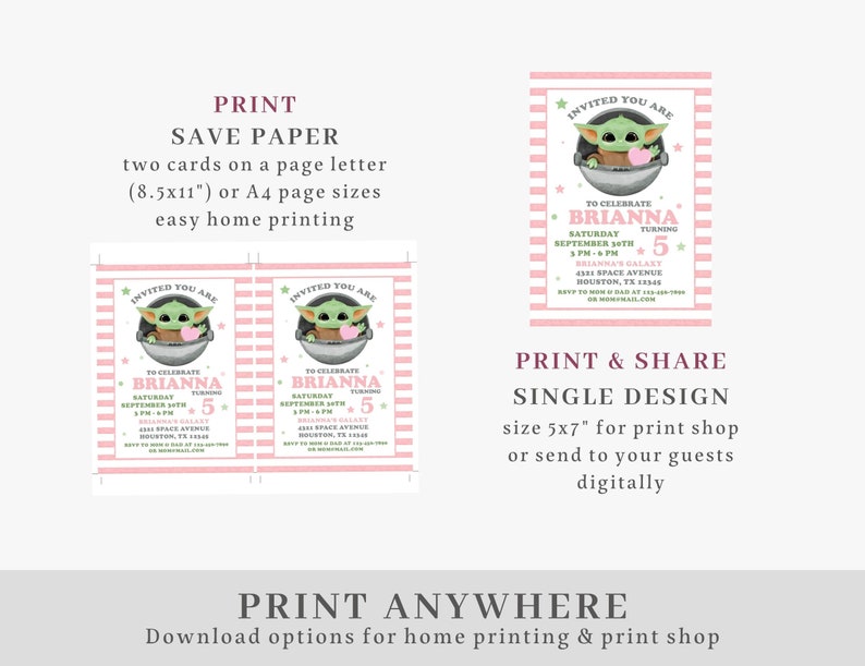 May include: Printable invitation for a 5th birthday party. The invitation features a pink and green striped background with a cartoon image of a green alien character holding a heart. The text on the invitation reads "Invited you are to celebrate Brianna turning 5".