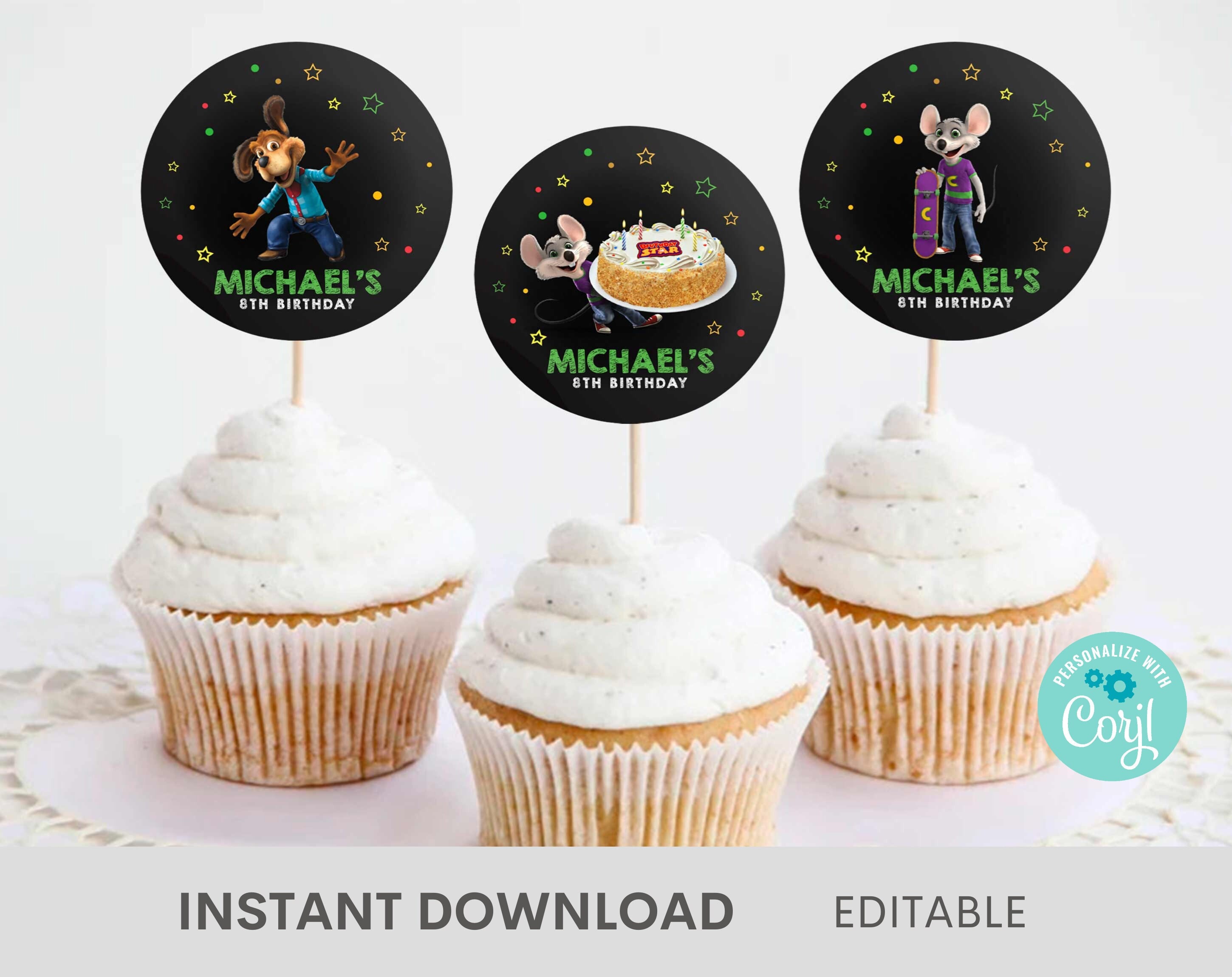 Chuck e cheese cake topper - Etsy México, image size:2900x2300