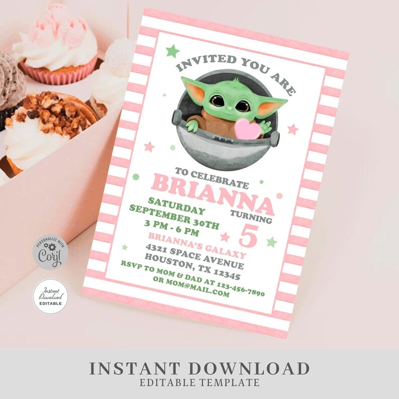 May include: Pink and green birthday invitation with a cartoon character from Star Wars. The invitation says "Invited You Are" and "To Celebrate Brianna Turning 5".