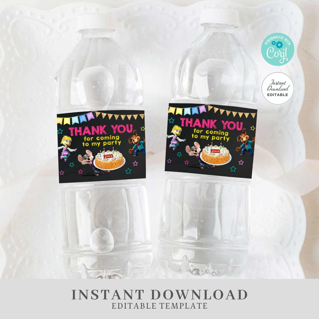 Editable Chuck E Cheese Water Bottle Labels, Instant Download Chuck E