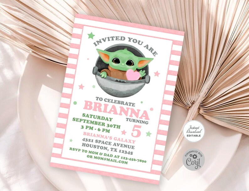 May include: Pink and white striped invitation with a cartoon image of a green alien holding a pink heart. The text reads "Invited You Are To Celebrate Brianna Turning 5".