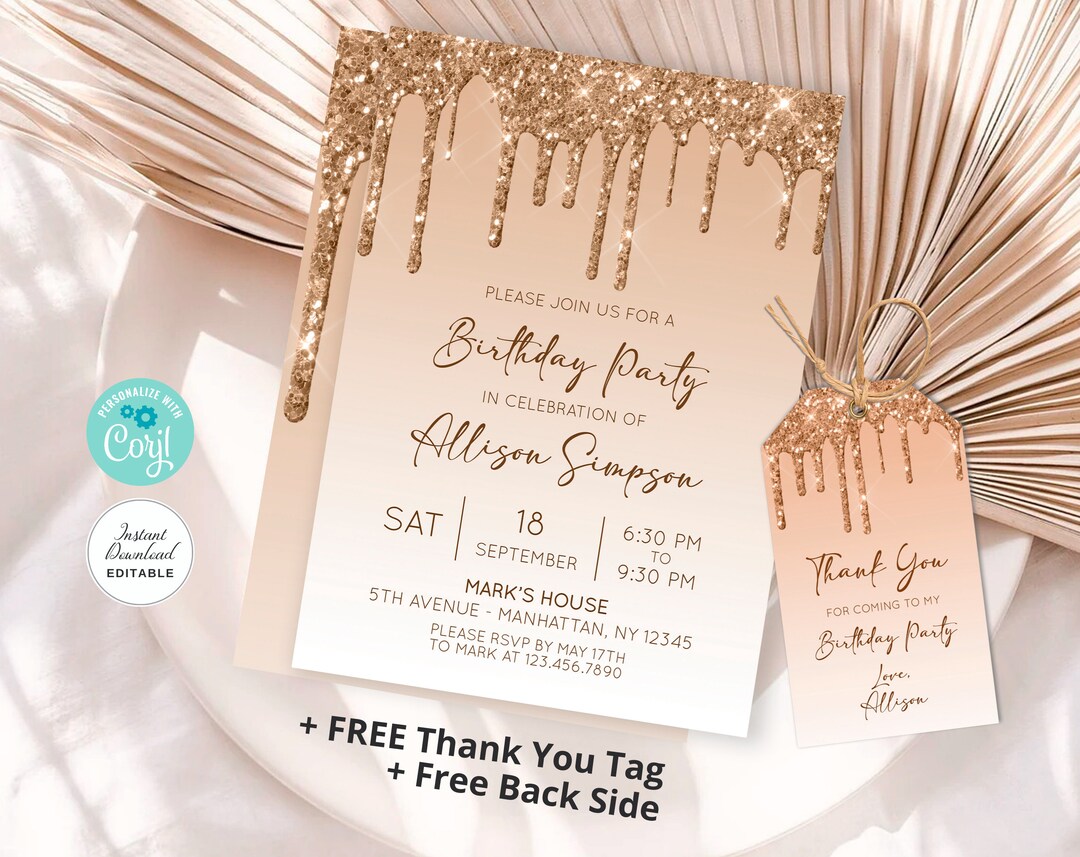 Editable Dripping Golden Invitations,any AGE, Golden Birthday