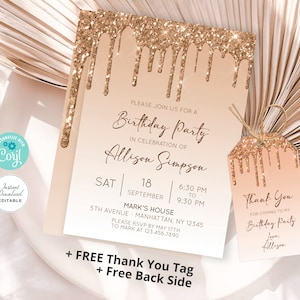 Editable Dripping Golden Invitations,ANY AGE, Golden Birthday Invitation,Golden Glitter Thank You Tag, Corjl Instant Download Template #GL03