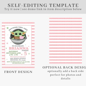 May include: A printable invitation template for a child's birthday party. The front of the invitation features a cartoon image of a green alien character with a pink heart. The text on the invitation reads "Invited You Are" and "To Celebrate Brianna Turning 5". The back of the invitation is a pink and white striped pattern.