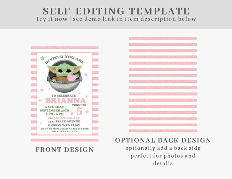 May include: A printable invitation template for a child's birthday party. The front of the invitation features a cartoon image of a green alien character with a pink heart. The text on the invitation reads "Invited You Are" and "To Celebrate Brianna Turning 5". The back of the invitation is a pink and white striped pattern.