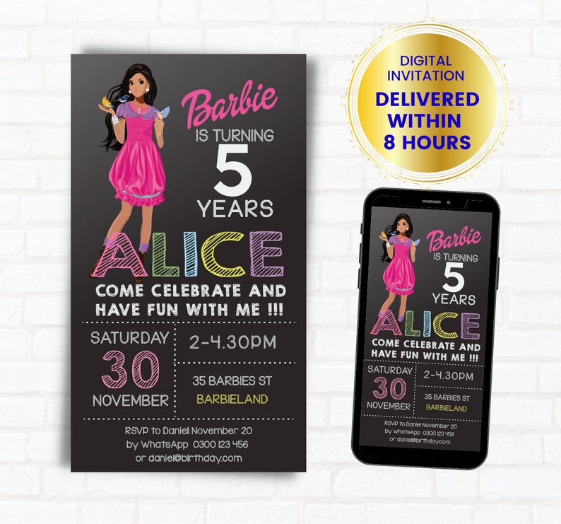 African-american barbie birthday invitations Afro American barbie invitation Black barbie party invites