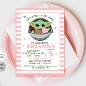 May include: Pink and white striped printable invitation with a green cartoon character holding a pink heart. The invitation says "Invited You Are" and "To Celebrate Brianna Turning 5".