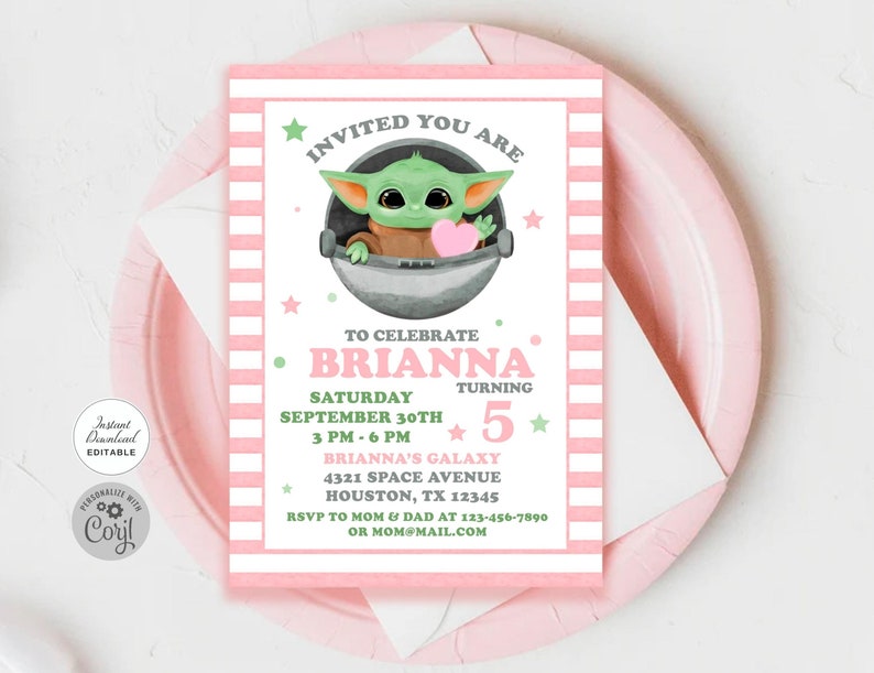 May include: Pink and white striped printable invitation with a green cartoon character holding a pink heart. The invitation says "Invited You Are" and "To Celebrate Brianna Turning 5".