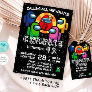 Editable Among Us Birthday Invitation, ANY AGE, Editable Template Corjl, Corjl Invitation, Kid Birthday Invitation, AMONGUS Tags #0040
