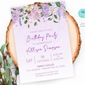 Invitación editable de color lila con flores, para cualquier edad, invitación de cumpleaños de color lila, etiqueta de agradecimiento, plantilla de descarga instantánea de Corjl n.° GL09-2