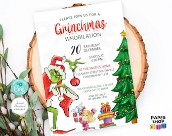 Instant Download, Editable Invitation, Editable Thank You Tags, Christmas Invitation, Christmas Supplies, Grinchmas Invitation,Corjl #C005-2