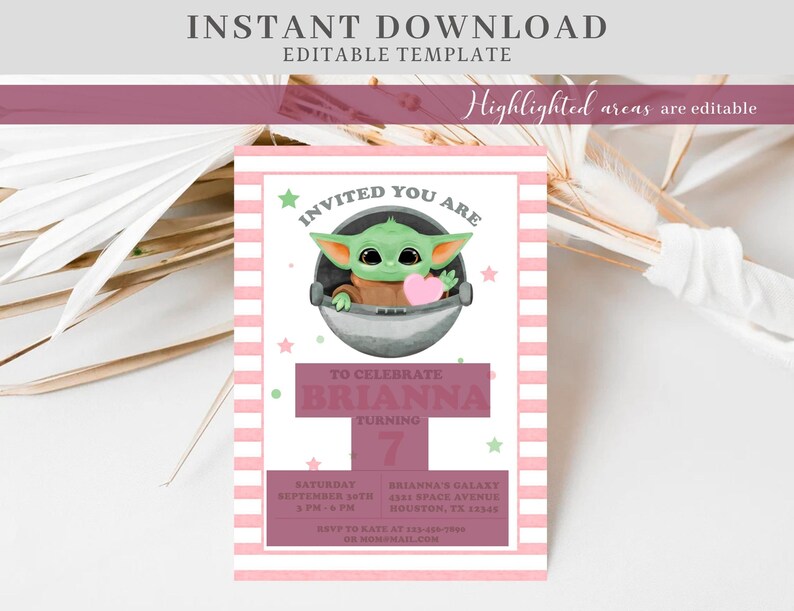 Editable Baby Yoda Birthday Invitation, ANY AGE, Baby Yoda Invitation, Baby Alien Invitation, Baby Yoda Instant Download Invitation #0710 image 5
