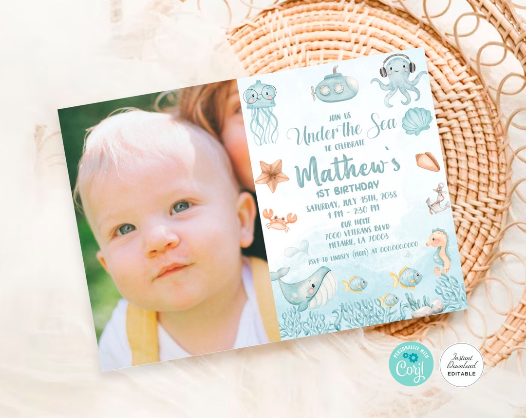 Under the Sea Birthday Photo Invitation, Blue Birthday Invitation