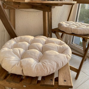 TOP SELLER Round Handmade linen cushions for chairs 14-20 in, chairpads for Patio Outdoor Home Kitchen seats, Cushion linen fabric and ties image 1